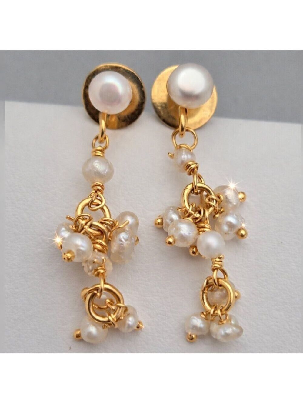 Baroque Genuine Freshwater Pearl Cluster Dangle Earrings Gold-Tone